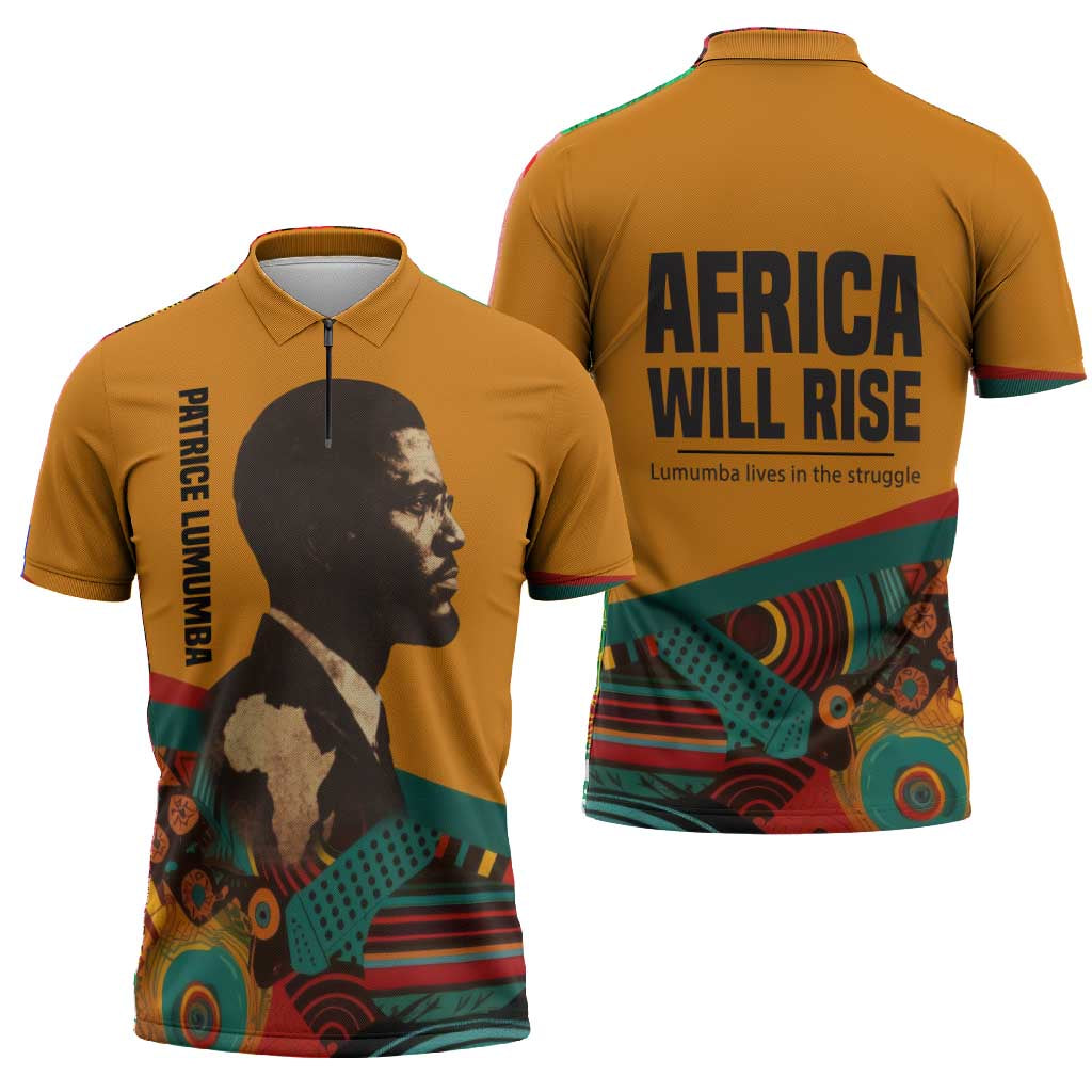 Patrice Lumumba Zipper Polo Shirt with Profile Portrait and Bold Africa Will Rise Statement - Wonder Print Shop