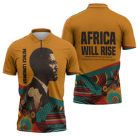 Patrice Lumumba Zipper Polo Shirt with Profile Portrait and Bold Africa Will Rise Statement - Wonder Print Shop