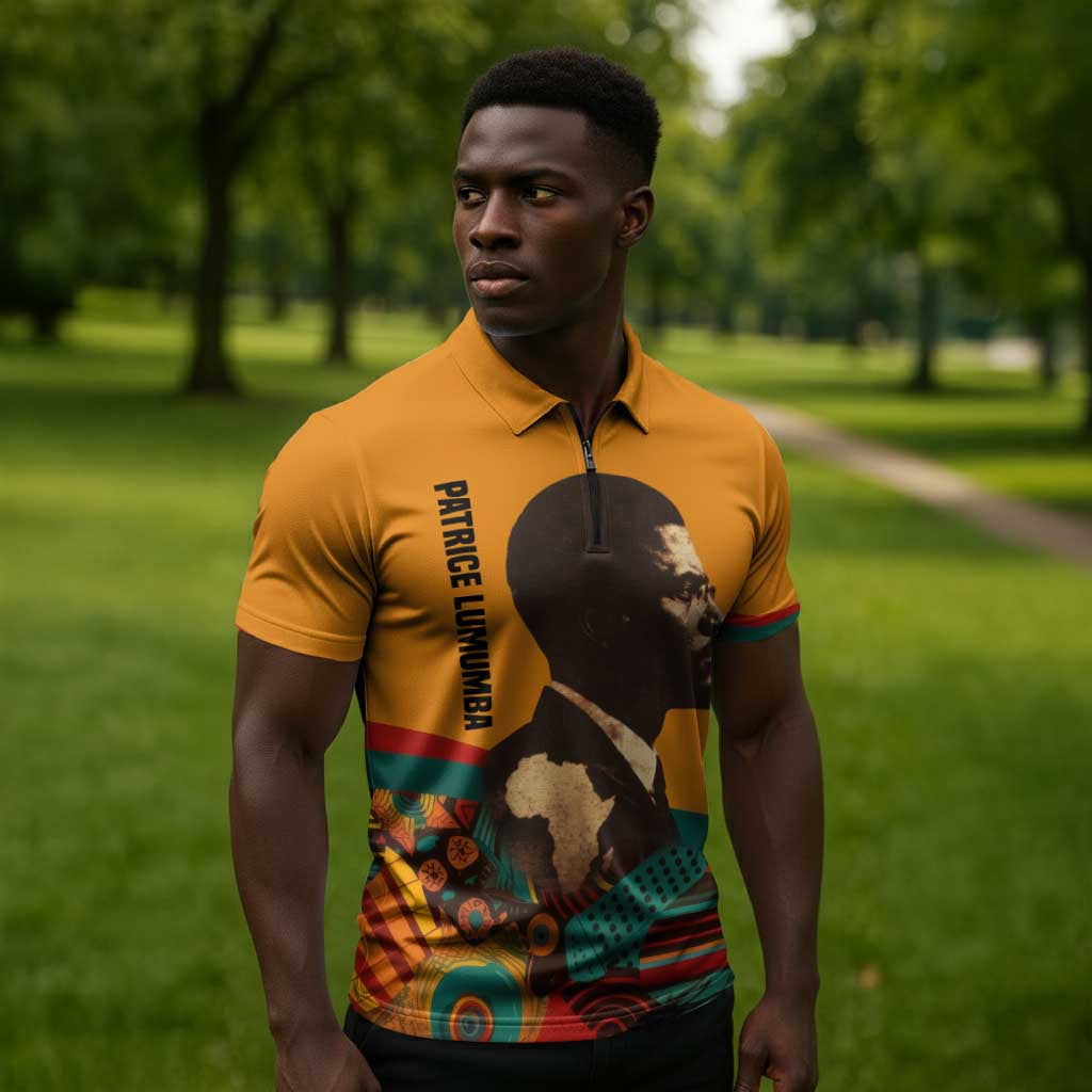 Patrice Lumumba Zipper Polo Shirt with Profile Portrait and Bold Africa Will Rise Statement - Wonder Print Shop