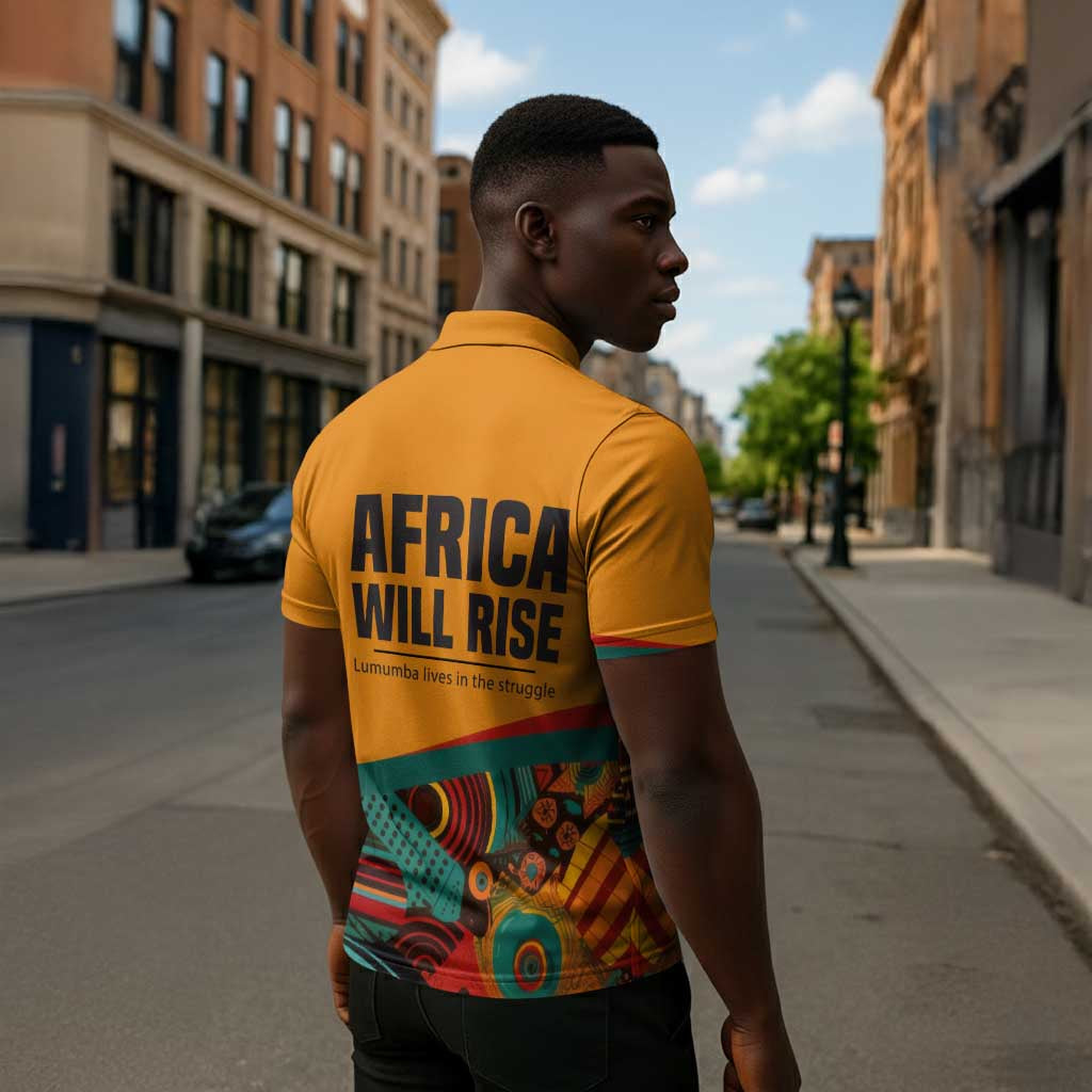 Patrice Lumumba Zipper Polo Shirt with Profile Portrait and Bold Africa Will Rise Statement - Wonder Print Shop