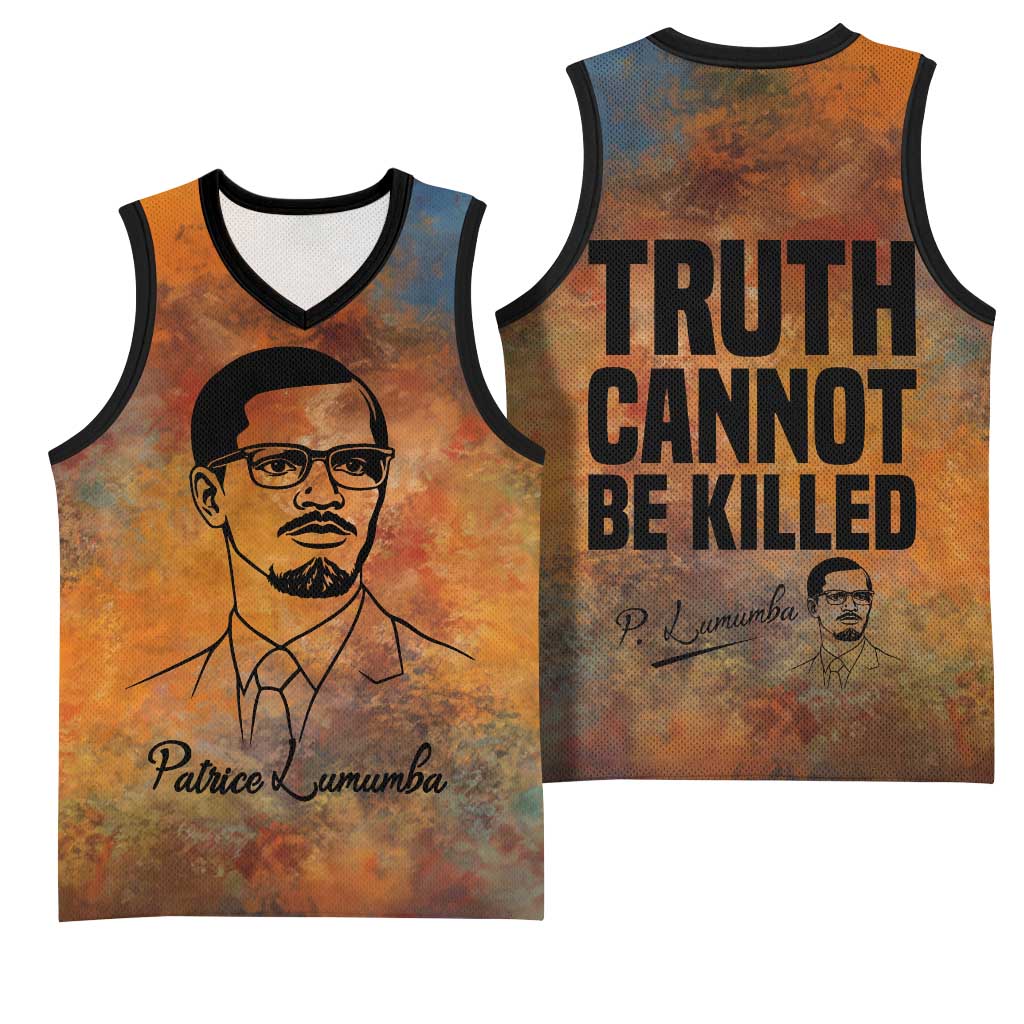 Patrice Lumumba Basketball Jersey with Line Art Portrait and Truth Cannot Be Killed Inspirational Quote - Wonder Print Shop