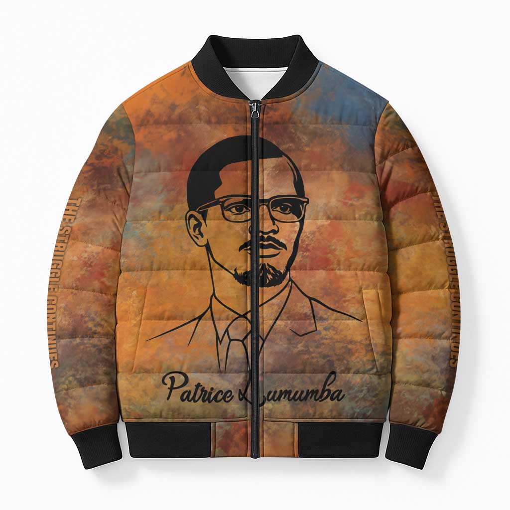 Patrice Lumumba Bomber Puffer Jacket with Line Art Portrait and Truth Cannot Be Killed Inspirational Quote - Wonder Print Shop