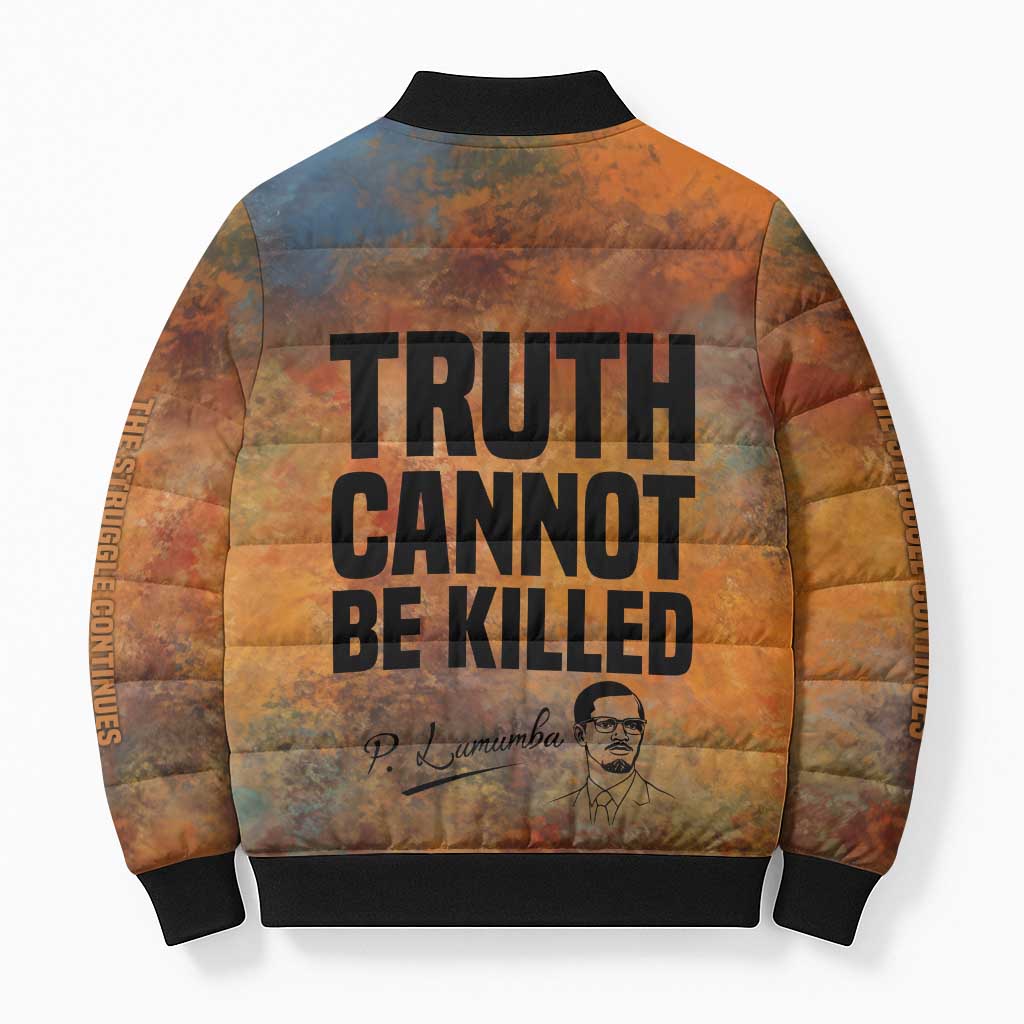 Patrice Lumumba Bomber Puffer Jacket with Line Art Portrait and Truth Cannot Be Killed Inspirational Quote - Wonder Print Shop