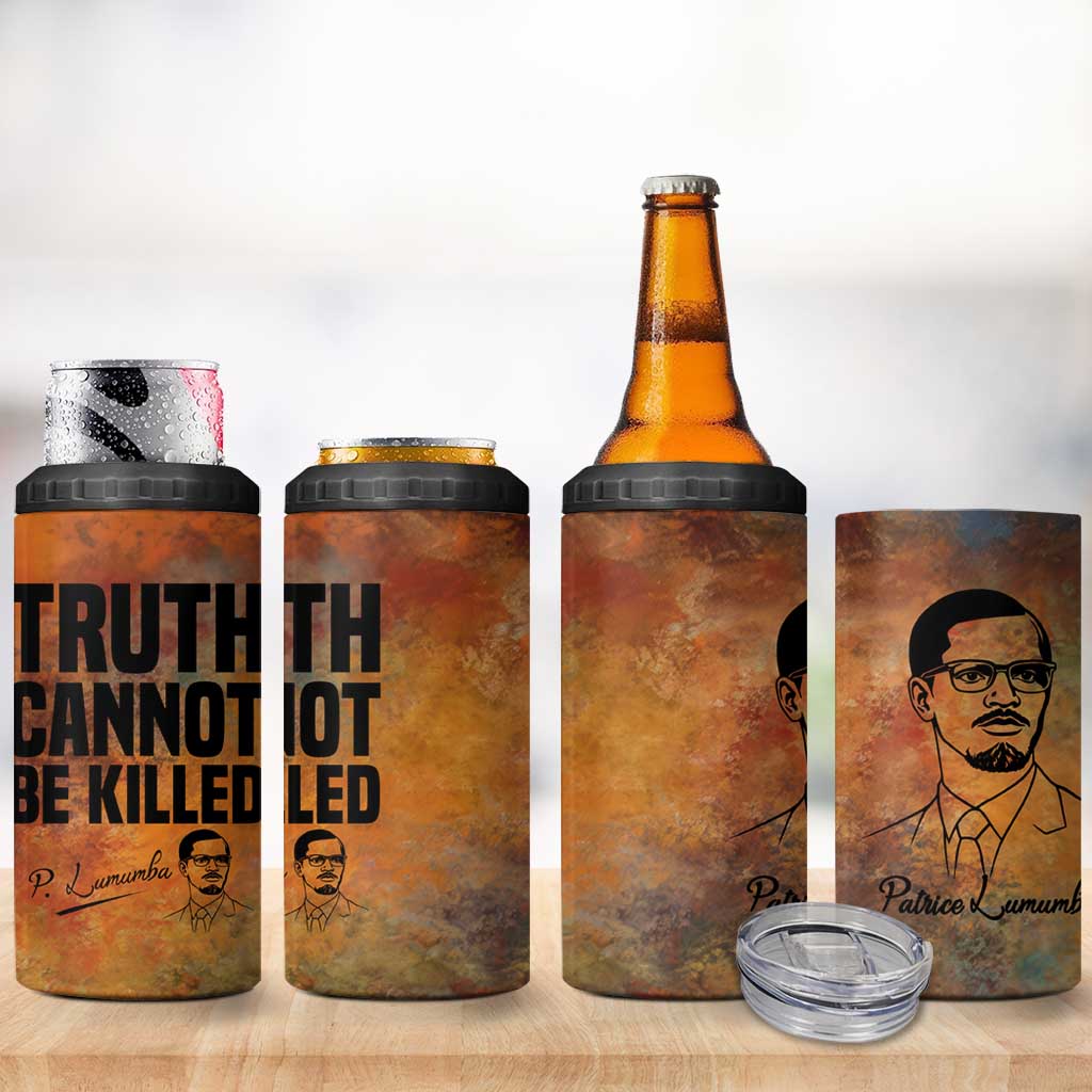 Patrice Lumumba 4 in 1 Can Cooler Tumbler with Line Art Portrait and Truth Cannot Be Killed Inspirational Quote - Wonder Print Shop