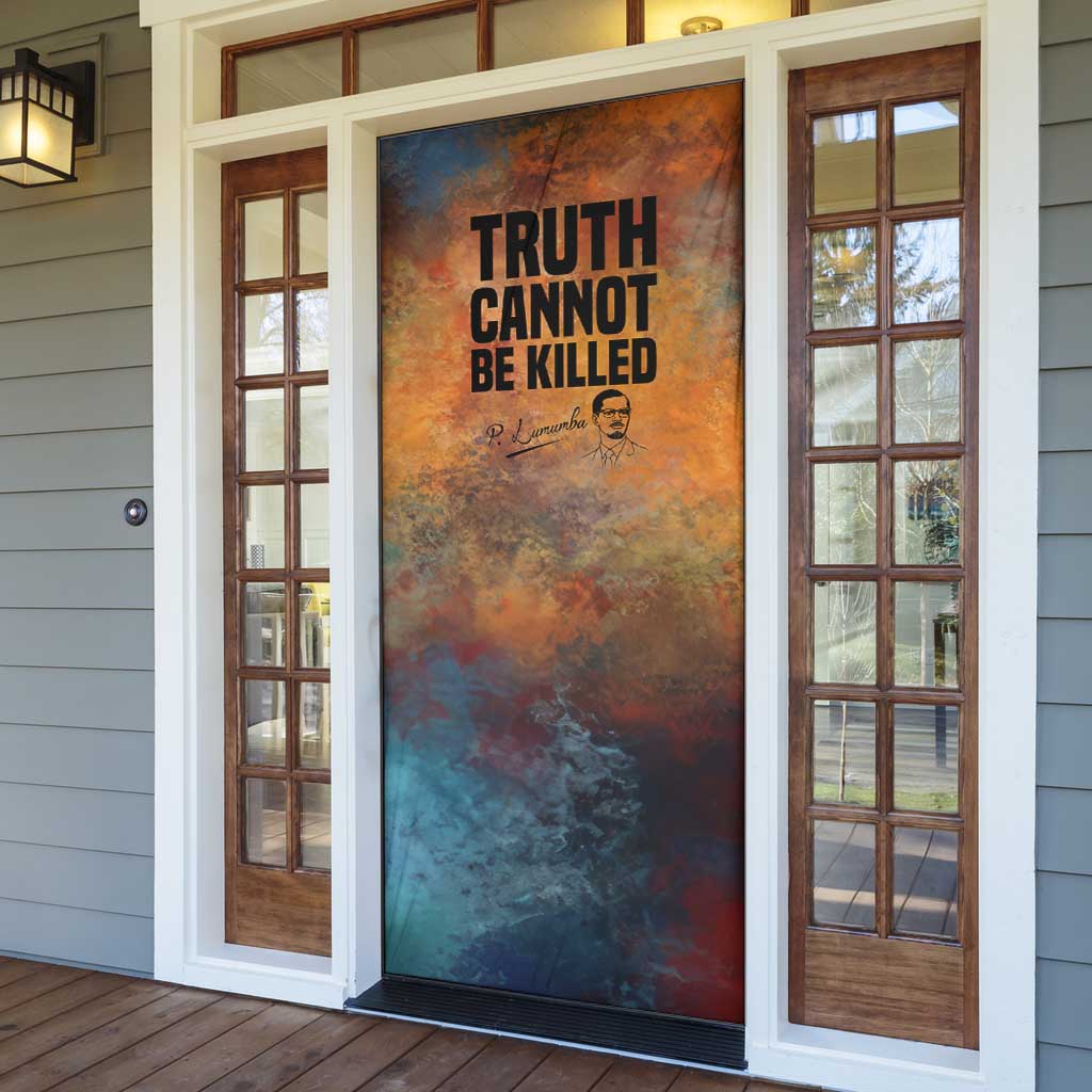Patrice Lumumba Door Cover with Line Art Portrait and Truth Cannot Be Killed Inspirational Quote - Wonder Print Shop