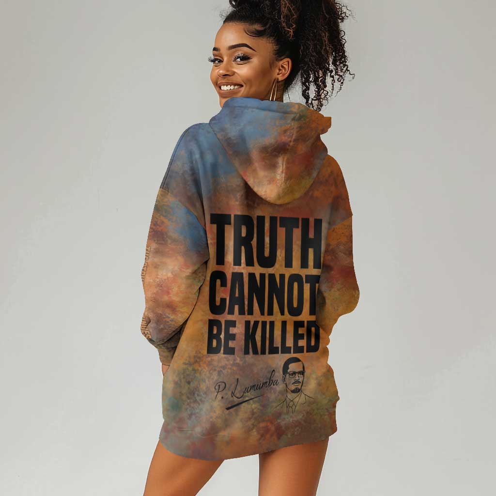 Patrice Lumumba Hoodie Dress with Line Art Portrait and Truth Cannot Be Killed Inspirational Quote - Wonder Print Shop
