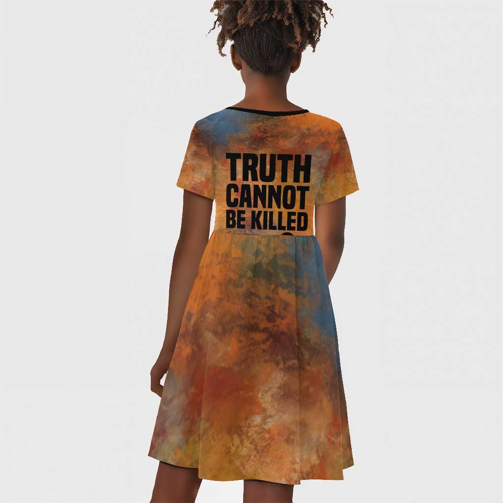 Patrice Lumumba Kid Short Sleeve Dress with Line Art Portrait and Truth Cannot Be Killed Inspirational Quote - Wonder Print Shop