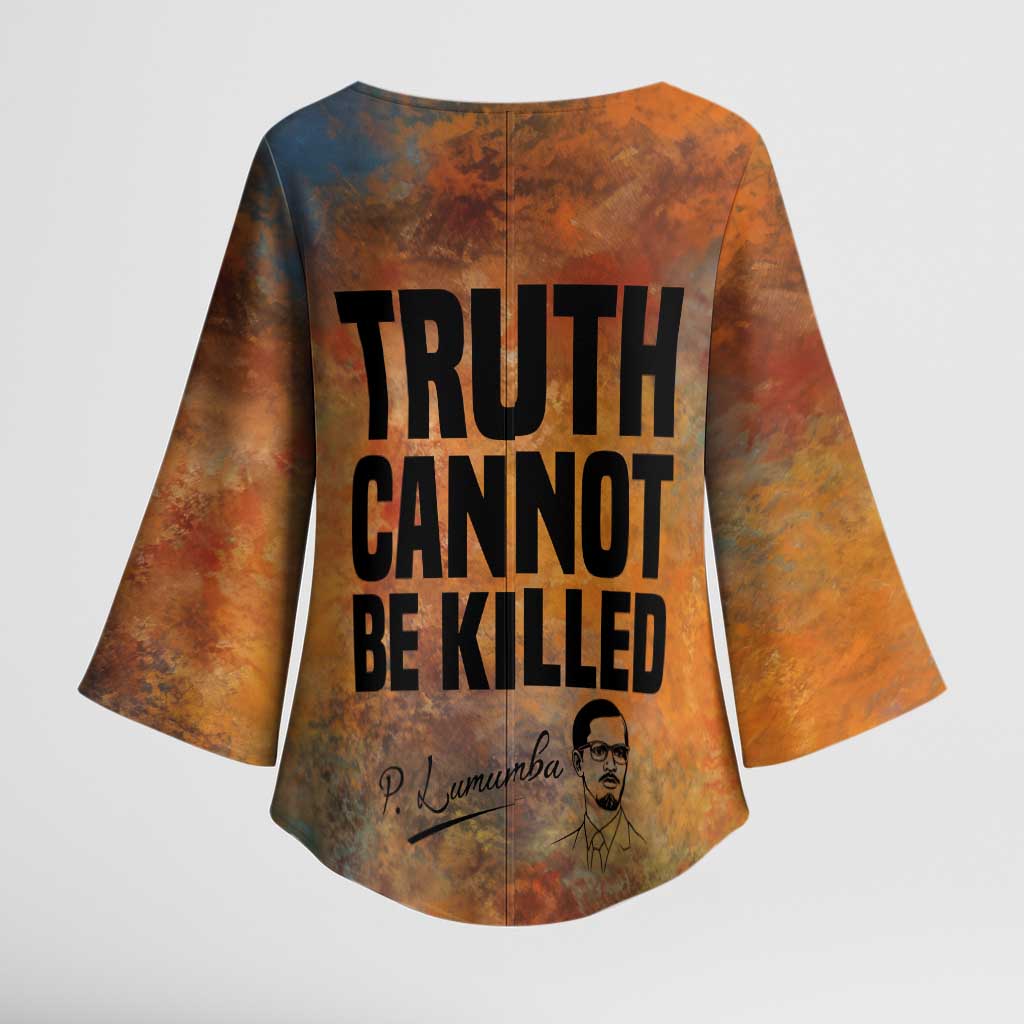 Patrice Lumumba Kimono Sleeve Blouse with Line Art Portrait and Truth Cannot Be Killed Inspirational Quote - Wonder Print Shop