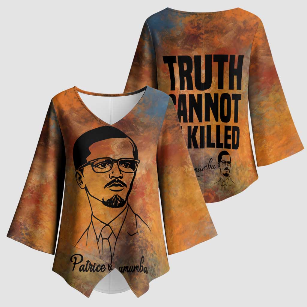 Patrice Lumumba Kimono Sleeve Blouse with Line Art Portrait and Truth Cannot Be Killed Inspirational Quote - Wonder Print Shop