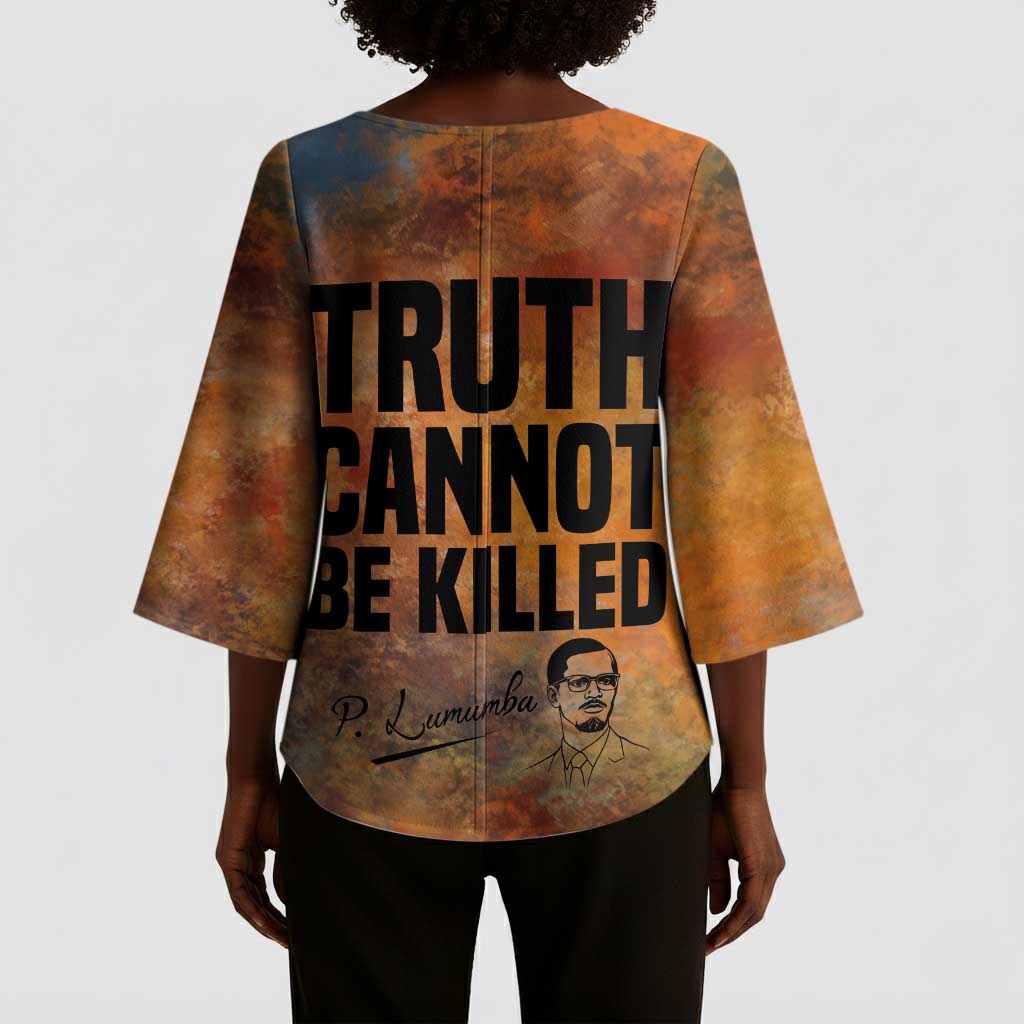 Patrice Lumumba Kimono Sleeve Blouse with Line Art Portrait and Truth Cannot Be Killed Inspirational Quote - Wonder Print Shop