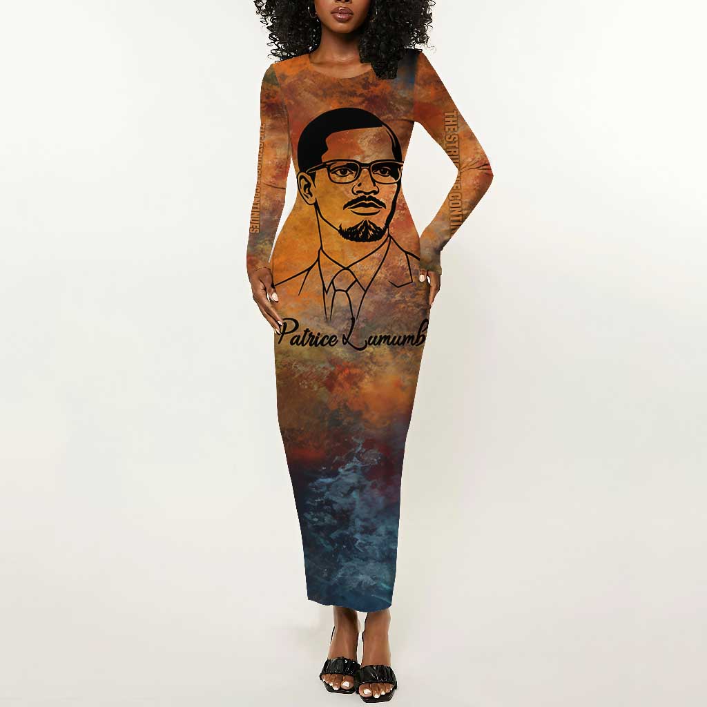 Patrice Lumumba Long Sleeve Bodycon Dress with Line Art Portrait and Truth Cannot Be Killed Inspirational Quote - Wonder Print Shop