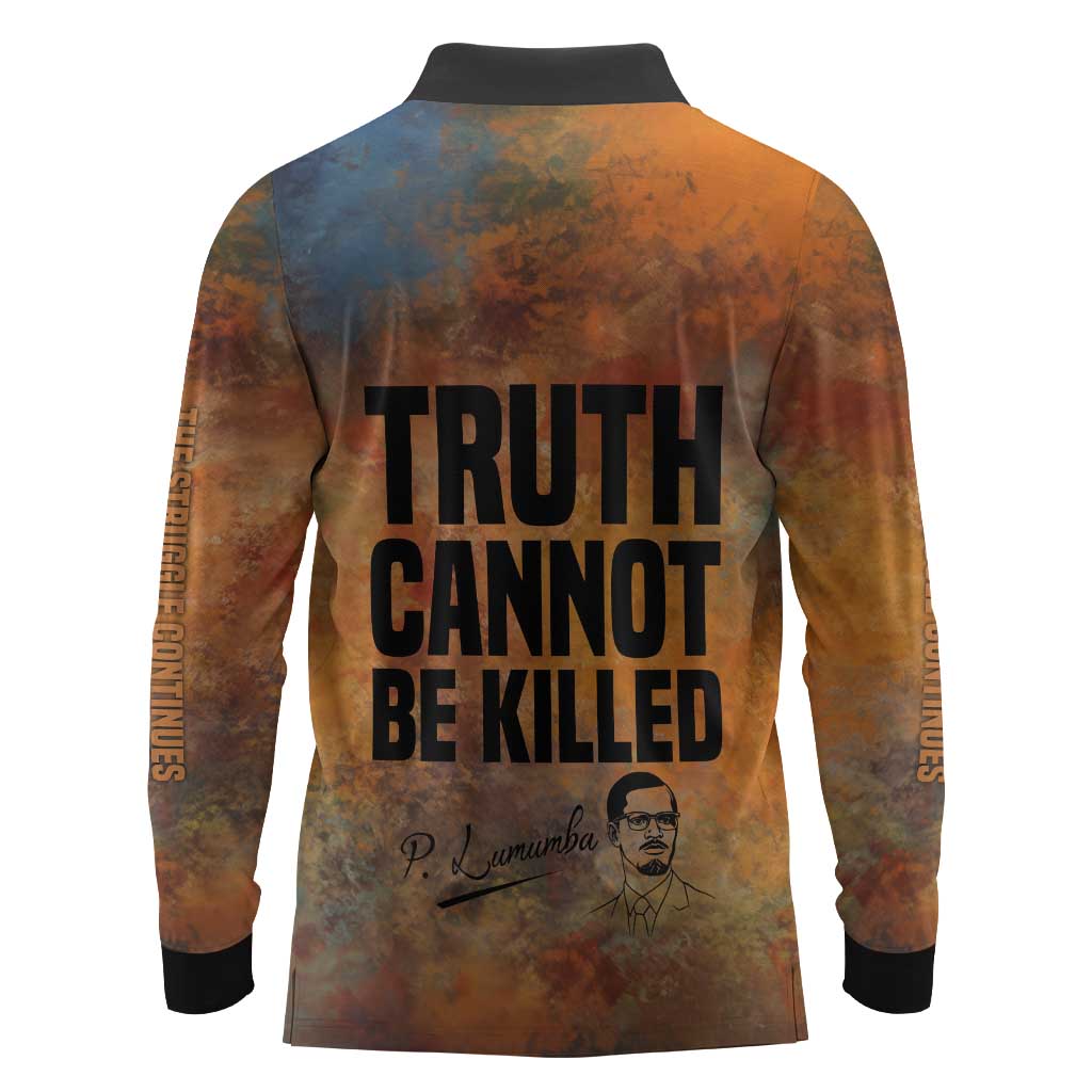 Patrice Lumumba Long Sleeve Polo Shirt with Line Art Portrait and Truth Cannot Be Killed Inspirational Quote - Wonder Print Shop