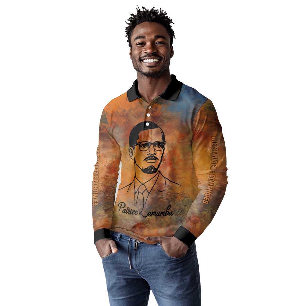 Patrice Lumumba Long Sleeve Polo Shirt with Line Art Portrait and Truth Cannot Be Killed Inspirational Quote - Wonder Print Shop