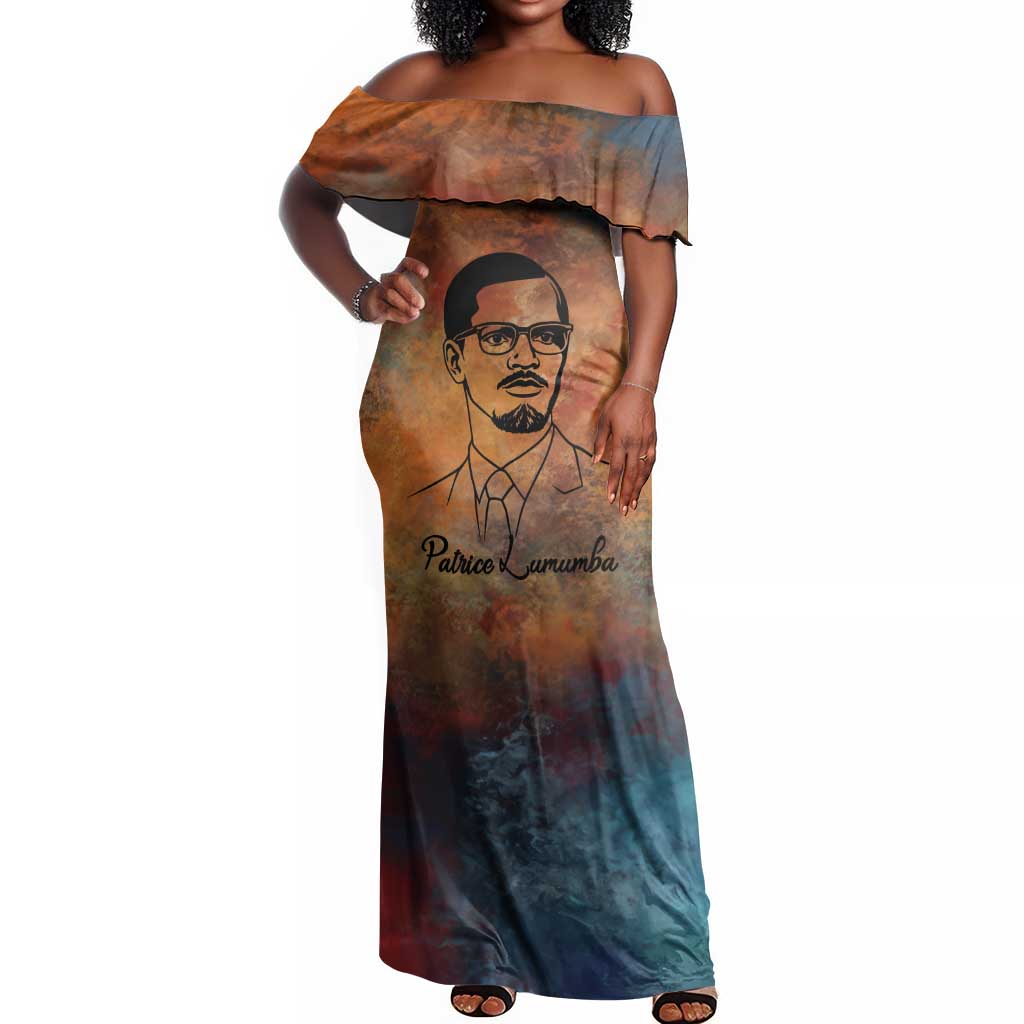 Patrice Lumumba Off Shoulder Maxi Dress with Line Art Portrait and Truth Cannot Be Killed Inspirational Quote - Wonder Print Shop