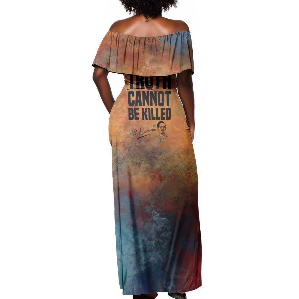 Patrice Lumumba Off Shoulder Maxi Dress with Line Art Portrait and Truth Cannot Be Killed Inspirational Quote - Wonder Print Shop