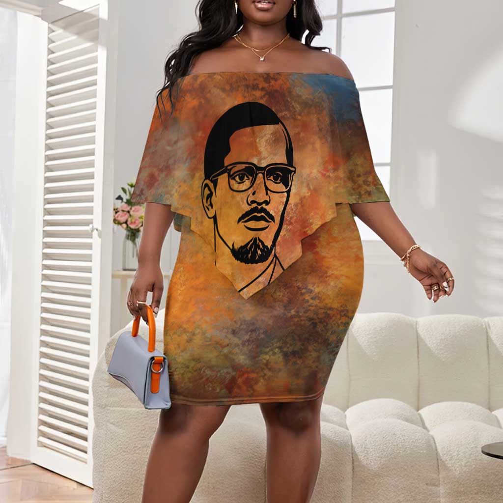 Patrice Lumumba Off Shoulder Short Dress with Line Art Portrait and Truth Cannot Be Killed Inspirational Quote - Wonder Print Shop
