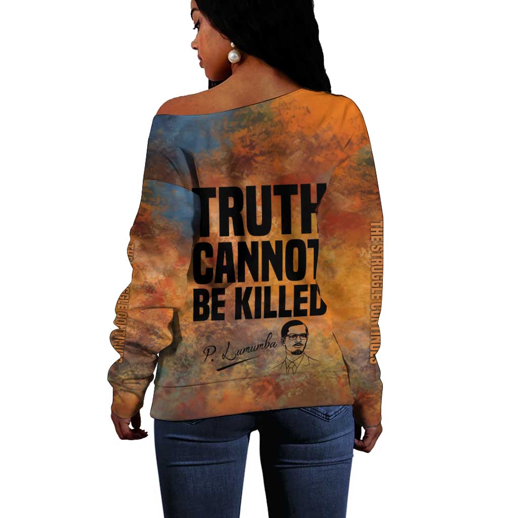 Patrice Lumumba Off Shoulder Sweater with Line Art Portrait and Truth Cannot Be Killed Inspirational Quote - Wonder Print Shop