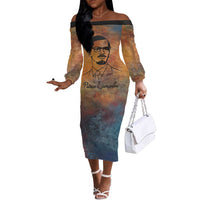 Patrice Lumumba Off The Shoulder Long Sleeve Dress with Line Art Portrait and Truth Cannot Be Killed Inspirational Quote - Wonder Print Shop