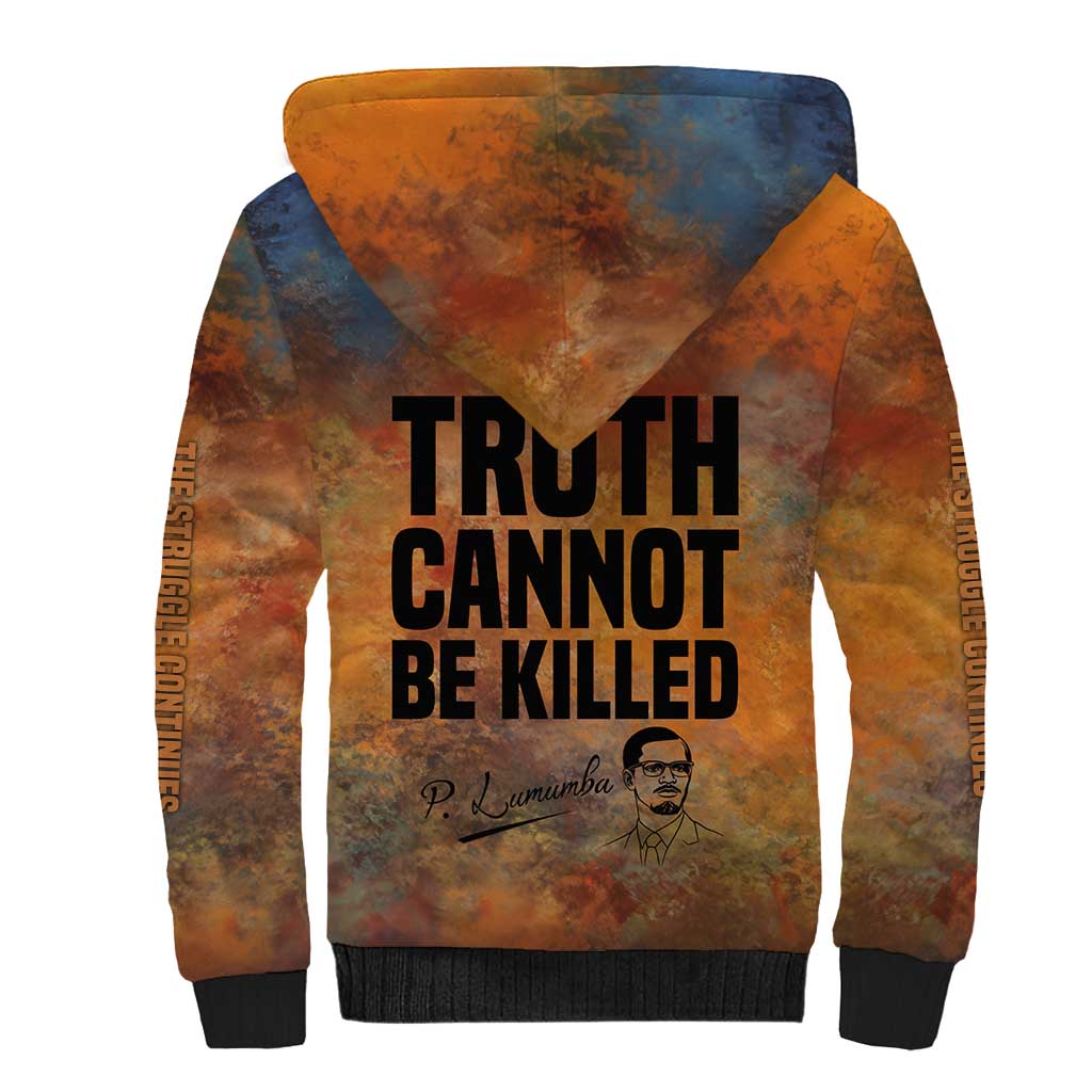 Patrice Lumumba Sherpa Hoodie with Line Art Portrait and Truth Cannot Be Killed Inspirational Quote - Wonder Print Shop