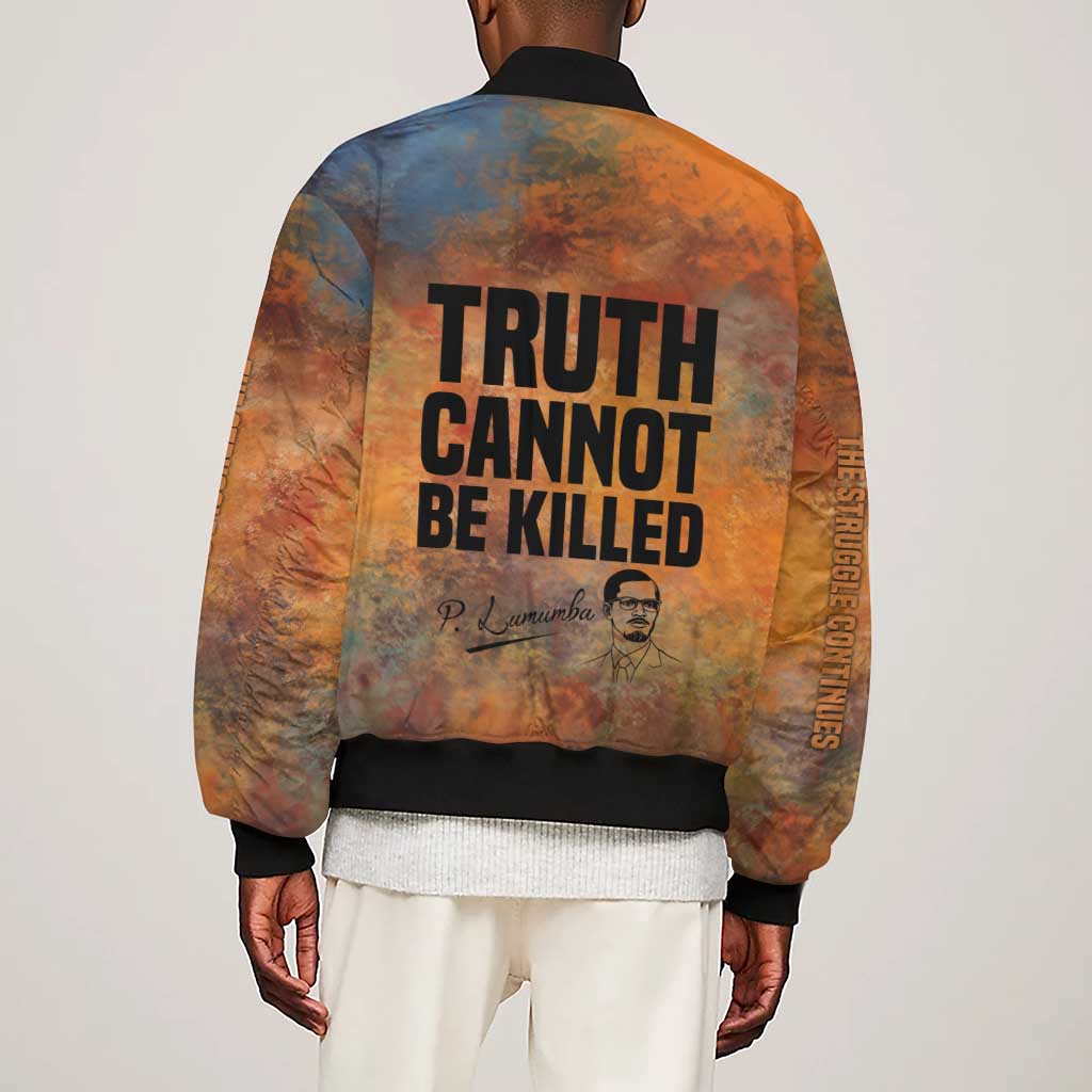 Patrice Lumumba Sleeve Zip Bomber Jacket with Line Art Portrait and Truth Cannot Be Killed Inspirational Quote - Wonder Print Shop