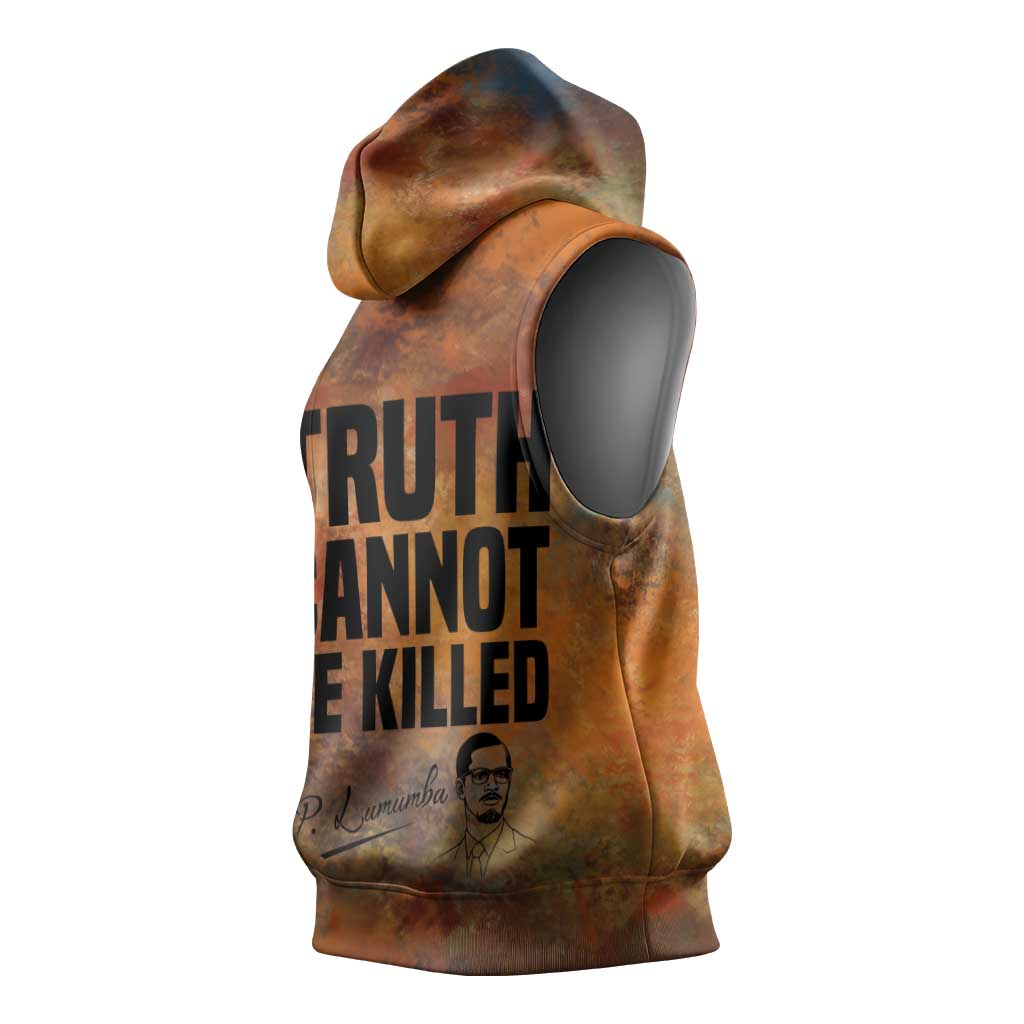Patrice Lumumba Sleeveless Hoodie with Line Art Portrait and Truth Cannot Be Killed Inspirational Quote - Wonder Print Shop