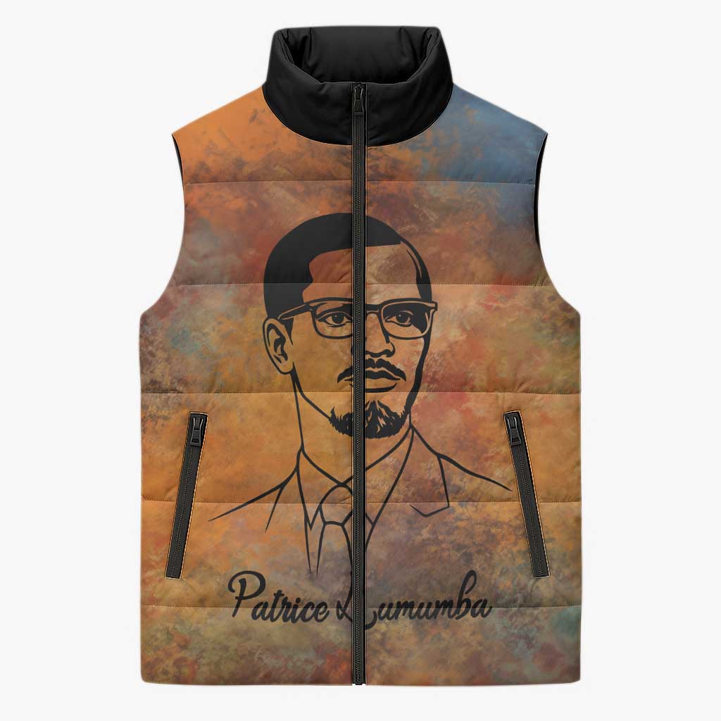 Patrice Lumumba Sleeveless Puffer Jacket with Line Art Portrait and Truth Cannot Be Killed Inspirational Quote - Wonder Print Shop