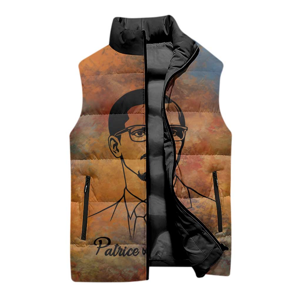 Patrice Lumumba Sleeveless Puffer Jacket with Line Art Portrait and Truth Cannot Be Killed Inspirational Quote - Wonder Print Shop