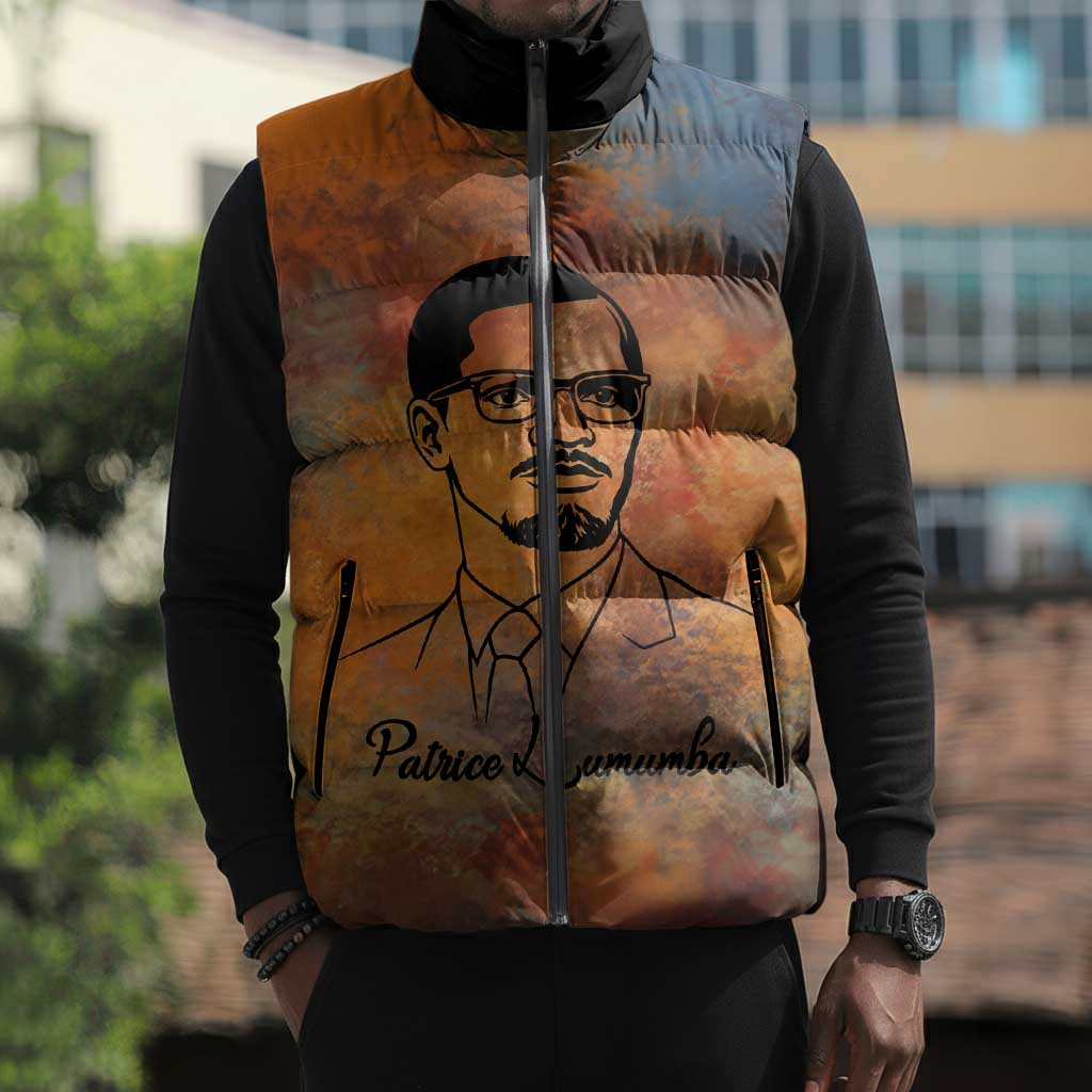 Patrice Lumumba Sleeveless Puffer Jacket with Line Art Portrait and Truth Cannot Be Killed Inspirational Quote - Wonder Print Shop