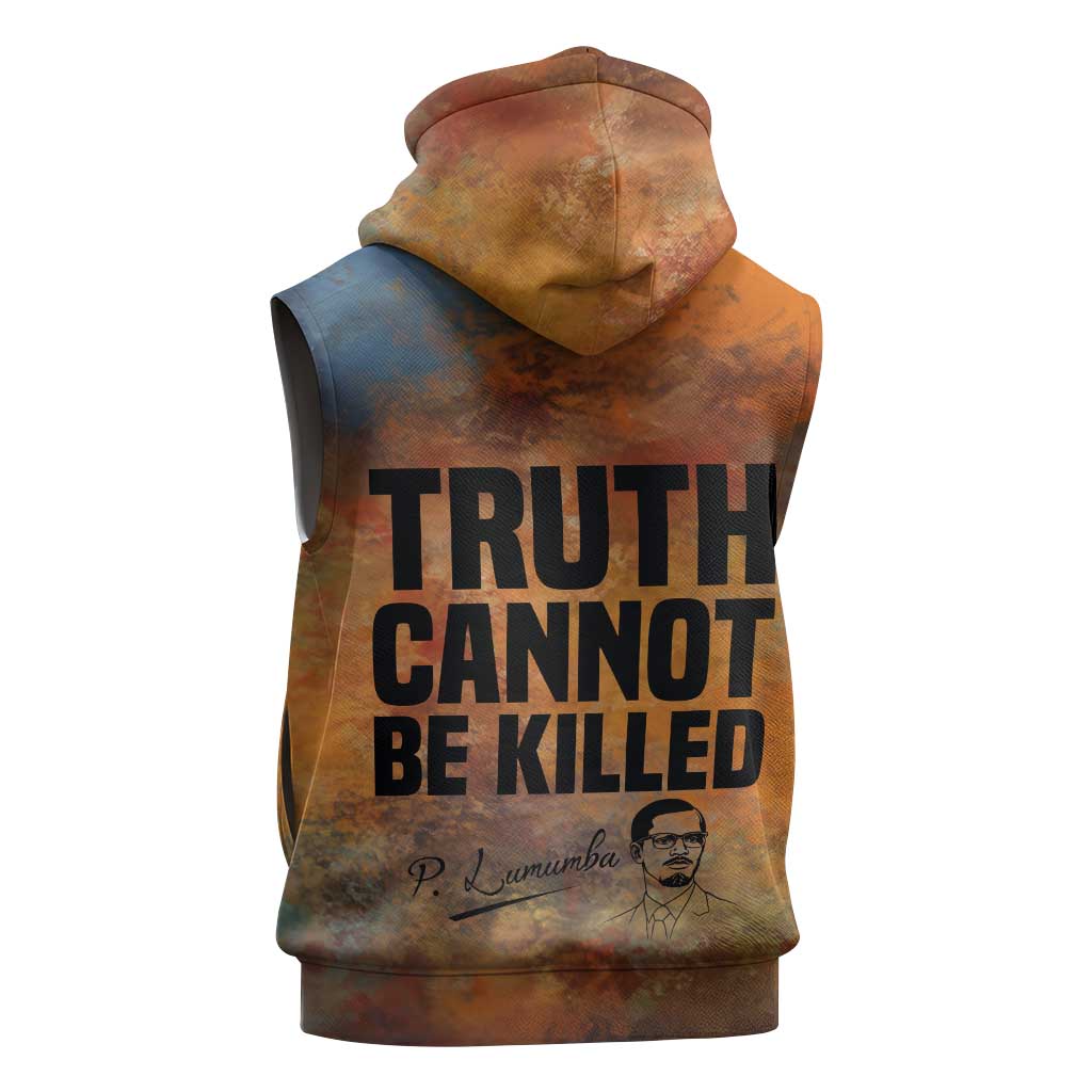 Patrice Lumumba Sleeveless Zip Hoodie with Line Art Portrait and Truth Cannot Be Killed Inspirational Quote - Wonder Print Shop