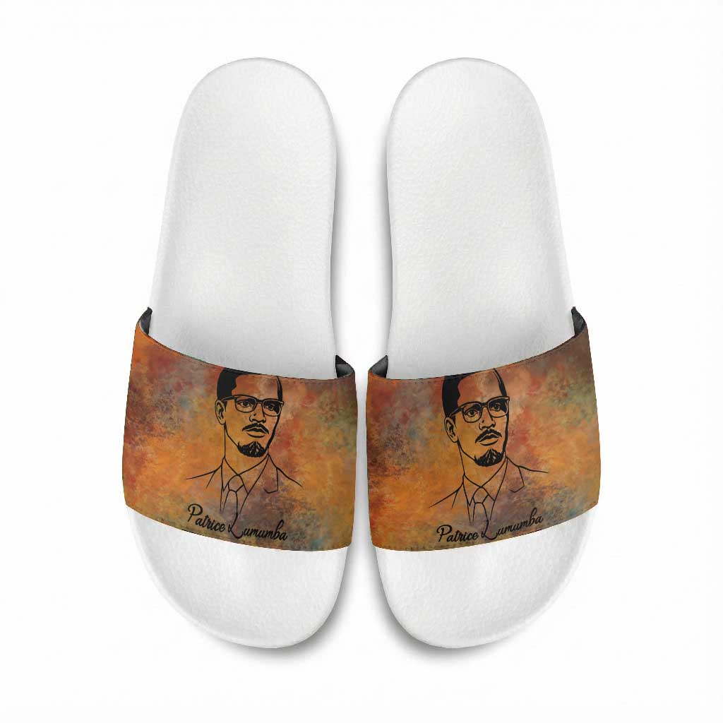 Patrice Lumumba Slide Sandals with Line Art Portrait and Truth Cannot Be Killed Inspirational Quote - Wonder Print Shop