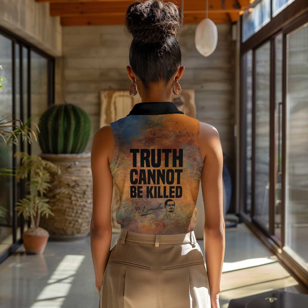 Patrice Lumumba Women Sleeveless Polo Shirt with Line Art Portrait and Truth Cannot Be Killed Inspirational Quote - Wonder Print Shop