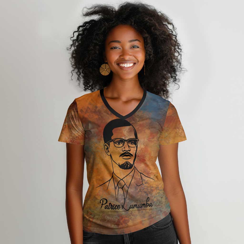 Patrice Lumumba Women V-Neck T-Shirt with Line Art Portrait and Truth Cannot Be Killed Inspirational Quote - Wonder Print Shop