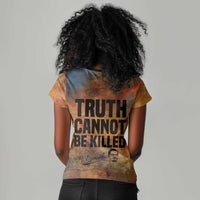 Patrice Lumumba Women V-Neck T-Shirt with Line Art Portrait and Truth Cannot Be Killed Inspirational Quote - Wonder Print Shop