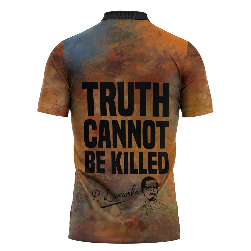 Patrice Lumumba Zipper Polo Shirt with Line Art Portrait and Truth Cannot Be Killed Inspirational Quote - Wonder Print Shop