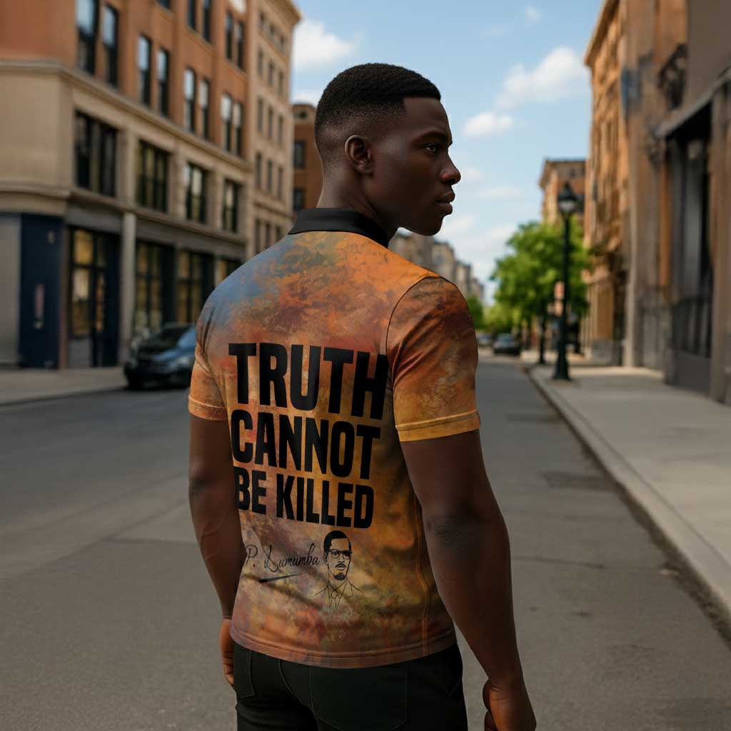 Patrice Lumumba Zipper Polo Shirt with Line Art Portrait and Truth Cannot Be Killed Inspirational Quote - Wonder Print Shop