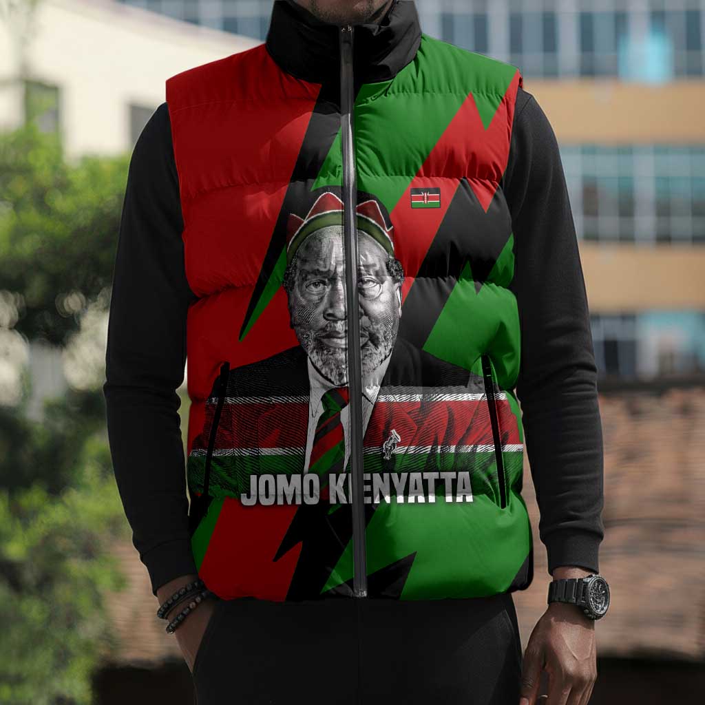 Jomo Kenyatta Sleeveless Puffer Jacket Patriotic Colors Design and Father of the Kenyan Nation Tribute - Wonder Print Shop