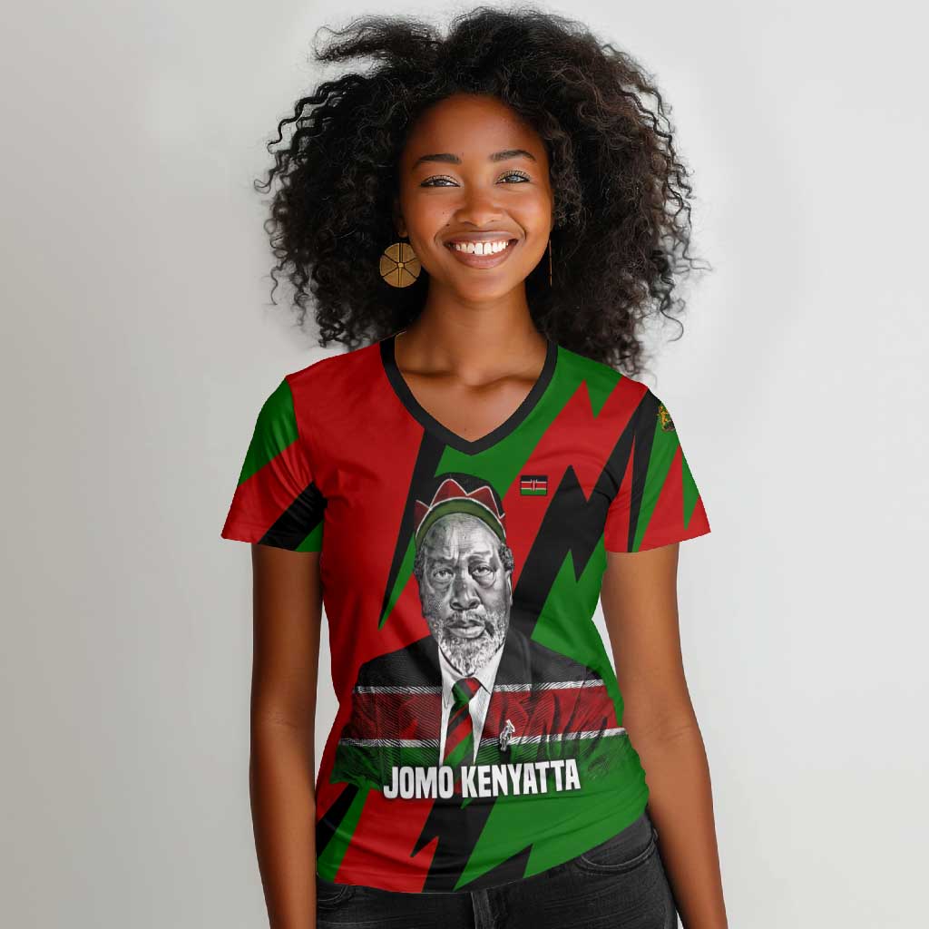 Jomo Kenyatta Women V-Neck T-Shirt Patriotic Colors Design and Father of the Kenyan Nation Tribute - Wonder Print Shop