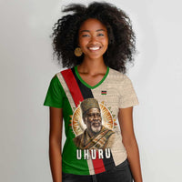 Jomo Kenyatta Women V-Neck T-Shirt Uhuru and Kenyan Heritage Quote Tribute - Wonder Print Shop