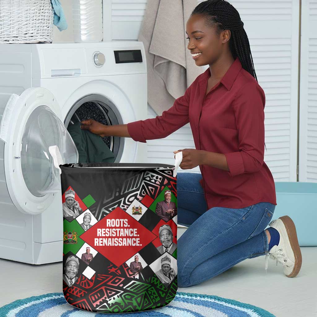 Jomo Kenyatta Laundry Basket with Roots Resistance Renaissance and Kenyan Patchwork Pattern Tribute - Wonder Print Shop