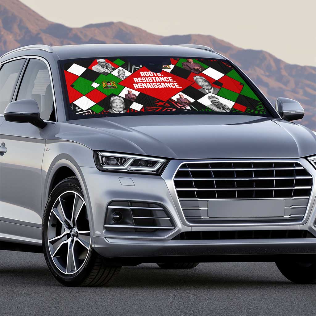 Jomo Kenyatta Auto Sun Shade with Roots Resistance Renaissance and Kenyan Patchwork Pattern Tribute - Wonder Print Shop