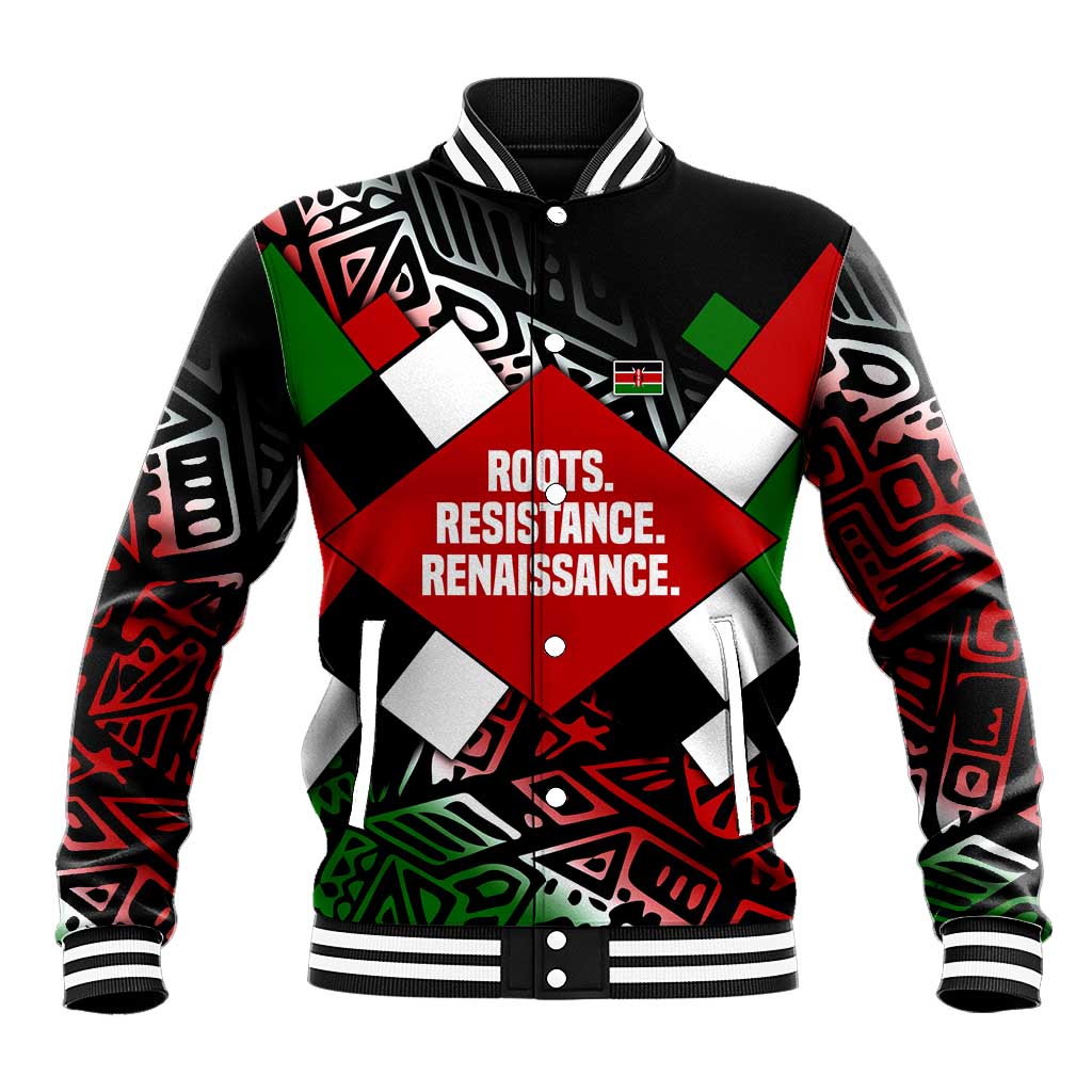 Jomo Kenyatta Baseball Jacket with Roots Resistance Renaissance and Kenyan Patchwork Pattern Tribute - Wonder Print Shop