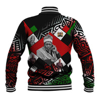 Jomo Kenyatta Baseball Jacket with Roots Resistance Renaissance and Kenyan Patchwork Pattern Tribute - Wonder Print Shop