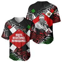 Jomo Kenyatta Baseball Jersey with Roots Resistance Renaissance and Kenyan Patchwork Pattern Tribute - Wonder Print Shop