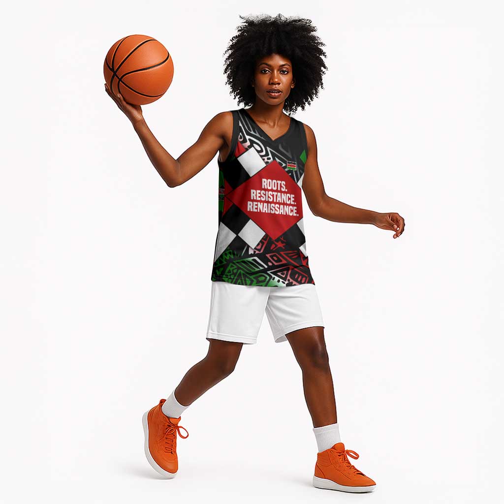 Jomo Kenyatta Basketball Jersey with Roots Resistance Renaissance and Kenyan Patchwork Pattern Tribute - Wonder Print Shop