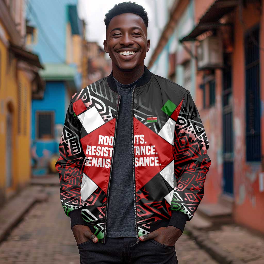 Jomo Kenyatta Bomber Jacket with Roots Resistance Renaissance and Kenyan Patchwork Pattern Tribute - Wonder Print Shop