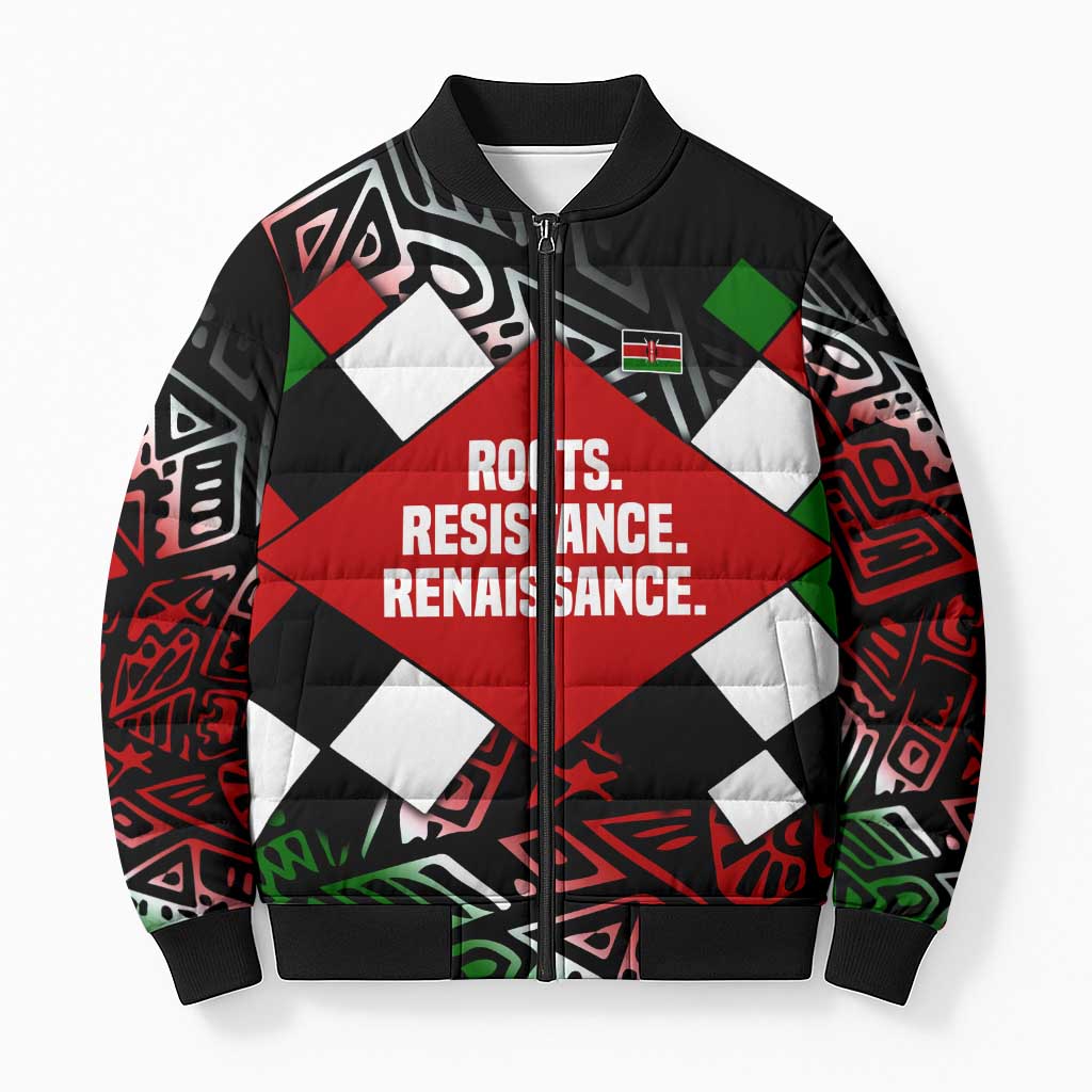 Jomo Kenyatta Bomber Puffer Jacket with Roots Resistance Renaissance and Kenyan Patchwork Pattern Tribute - Wonder Print Shop