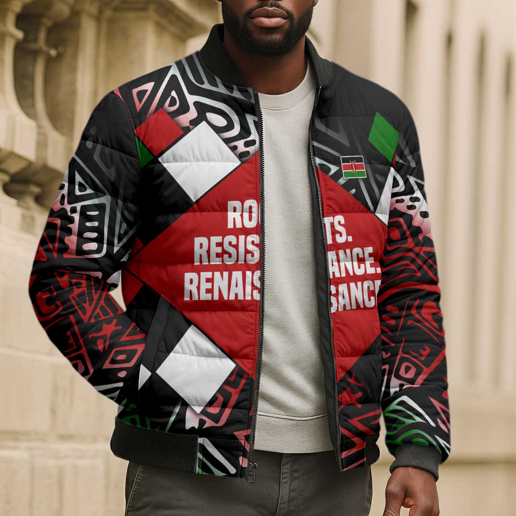 Jomo Kenyatta Bomber Puffer Jacket with Roots Resistance Renaissance and Kenyan Patchwork Pattern Tribute - Wonder Print Shop