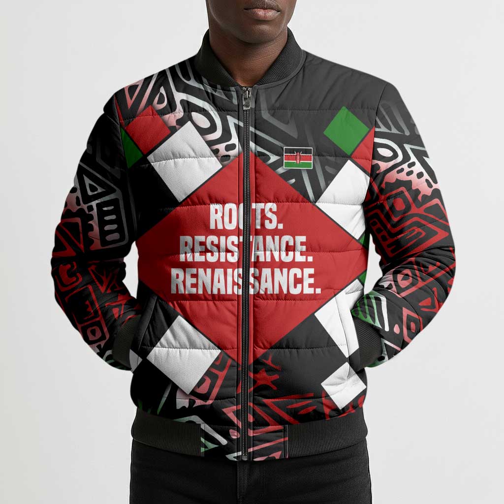 Jomo Kenyatta Bomber Puffer Jacket with Roots Resistance Renaissance and Kenyan Patchwork Pattern Tribute - Wonder Print Shop