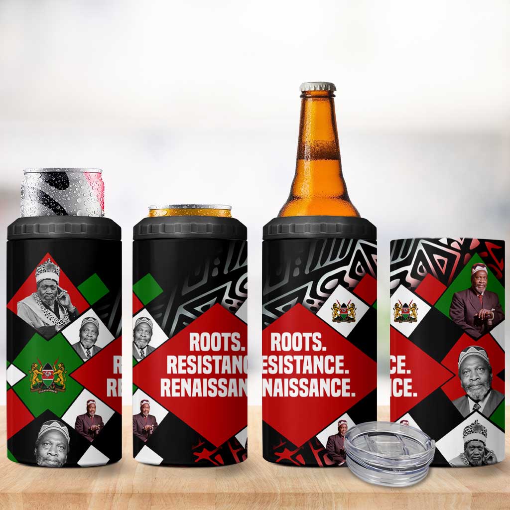 Jomo Kenyatta 4 in 1 Can Cooler Tumbler with Roots Resistance Renaissance and Kenyan Patchwork Pattern Tribute - Wonder Print Shop