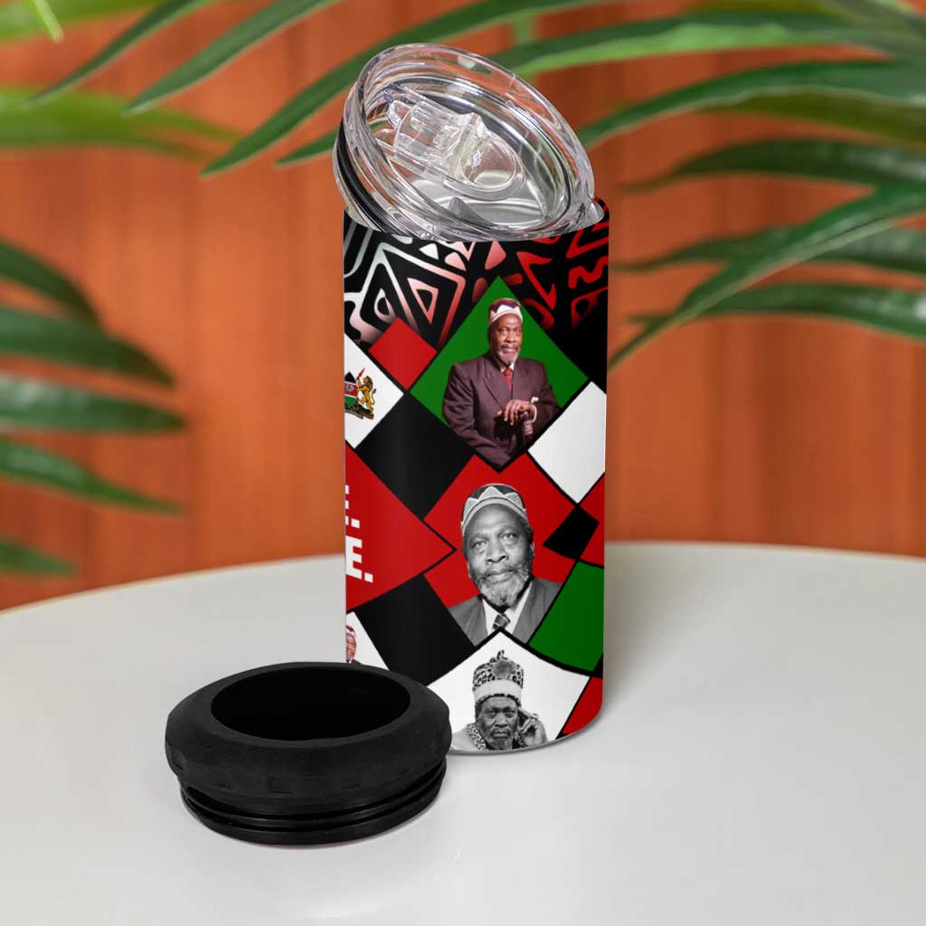 Jomo Kenyatta 4 in 1 Can Cooler Tumbler with Roots Resistance Renaissance and Kenyan Patchwork Pattern Tribute - Wonder Print Shop